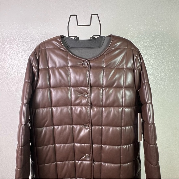 Calvin Klein Longline Faux Leather Brown Puffer Jacket Size L - Picture 5 of 12